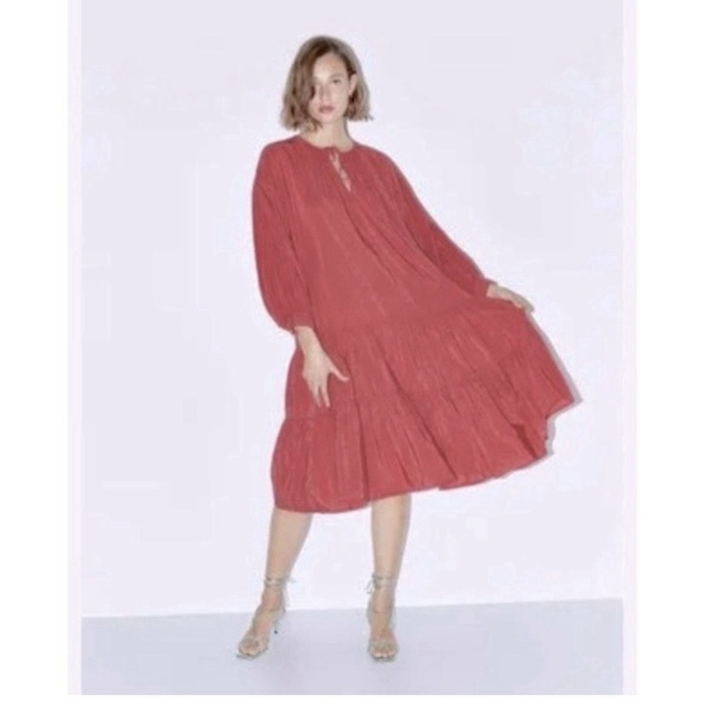 ZARA Boho Peasant Tiered Midi Dress Coral Pink Swiss Dot Cotton Blend Size‎ M